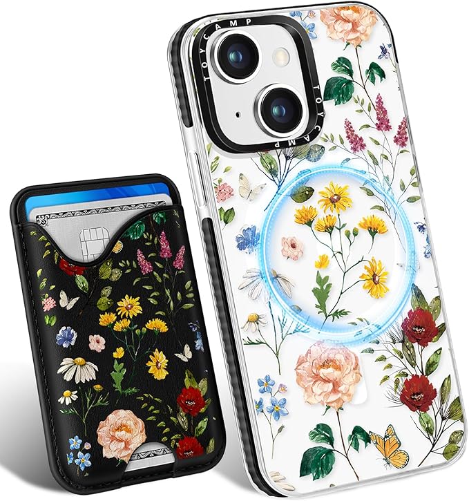Toycamp for iPhone 14 Case, for iPhone 13 Case - Compatible with Magsafe Credit Card Holder Wallet Magnetic Cute Women Teen Girls Kawaii Girly Unique Flower Floral Design Phone Cover for iPhone 14/13