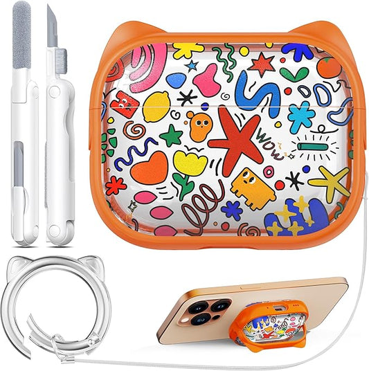 RFUNGUANGO is Compatible with AirPods Pro 3 Protective case, with Mobile Phone Holder Function, Multiple Colors Available, Suitable for AirPods Pro 3 Protective case,Orange + Graffiti