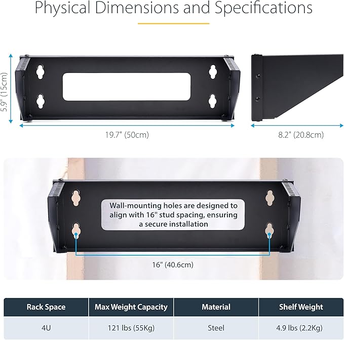 StarTech.com 4U Vertical Wall-Mount Bracket for 19inch Rack Mountable Equipment, 121lb/55kg Capacity, for Patch Panels/Servers
