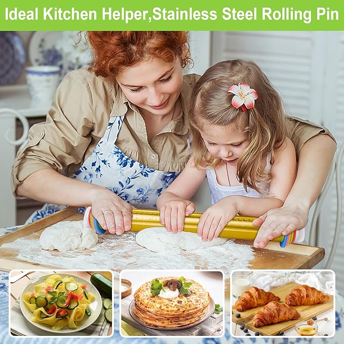 Wood Rolling Pin with Thickness Rings, Adjustable Wooden Rolling Pins for Baking, Adjustable Rolling Pins for Baking, Stainless Steel Rolling Pin with Thickness Rings, Metal Dough Roller for Fondant