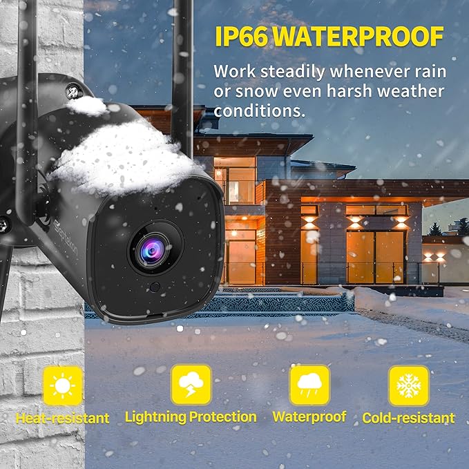 Septekon 2K Outdoor Security Camera 3MP, 2.4G Wired WiFi Camera with Night Vision, IP66 Waterproof, AI Human Motion Tracking, 2-Way Audio, Black