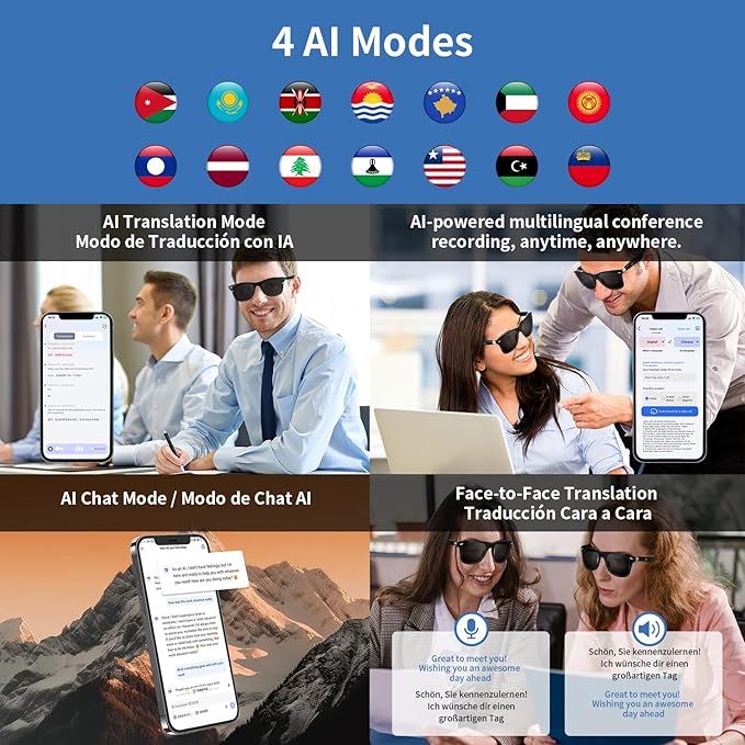 AI Translator Smart Glasses for Women Men, Bluetooth Audio Sunglasses with UV400 Polarized Lenses, Photo Translation, No Subscription，Real-Time Translation(160+Languages) for Travel Business (Black)