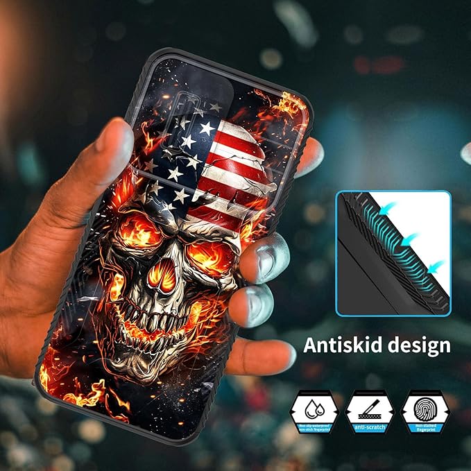 for Galaxy A16 5G Case Built in Slide Camera Lens Cover,Heavy Duty Shockproof Protection Dual Layer Case for Samsung Galaxy A16 5G 6.7" 2024,American Flag Flame Skull