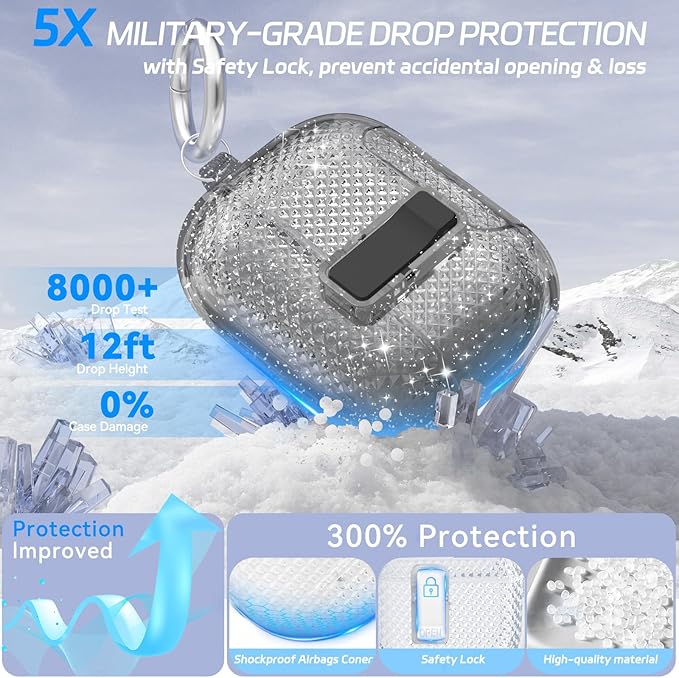 for AirPods Pro 2 Case with Phone Stand & Secure Lock, Auto-Open Clear Cover Compatible with Apple AirPods Pro 2nd/1st Gen (2023,2022,2019) with Cleaning Kit & Keychain (Shine-Clear Black)