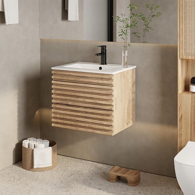 eclife 24" Floating Bathroom Vanity with Sink Combo Mid-Century Wall Mounted Cabinet with Wood Stripes Decor, Drawers, Undermount Sink, Faucet, Drain, Light Walnut
