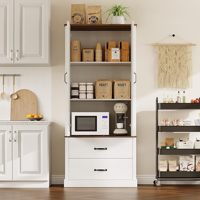 IDEALHOUSE Kitchen Pantry Storage Cabinet with Barn Doors, Drawer, and 2 Adjustable Shelves, Freestanding Tall Hutch with Microwave Stand for Kitchen, Dining Room, White