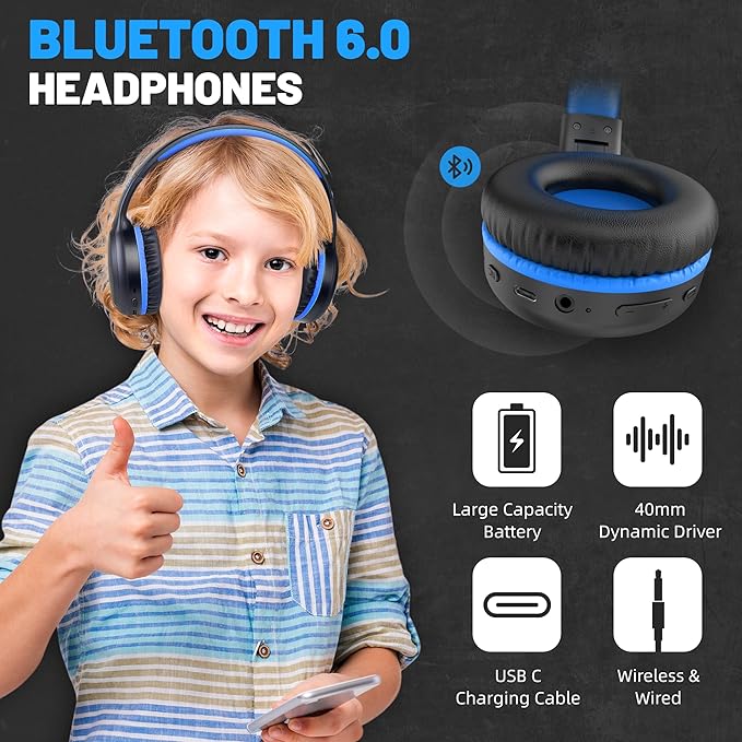 U2B Active Noise Canceling Wired & Wireless Bluetooth 6.0 Headphones with Microphone, Foldable Lightweight Head Phones with Volume Control‌ for Kids Adult School Black Blue