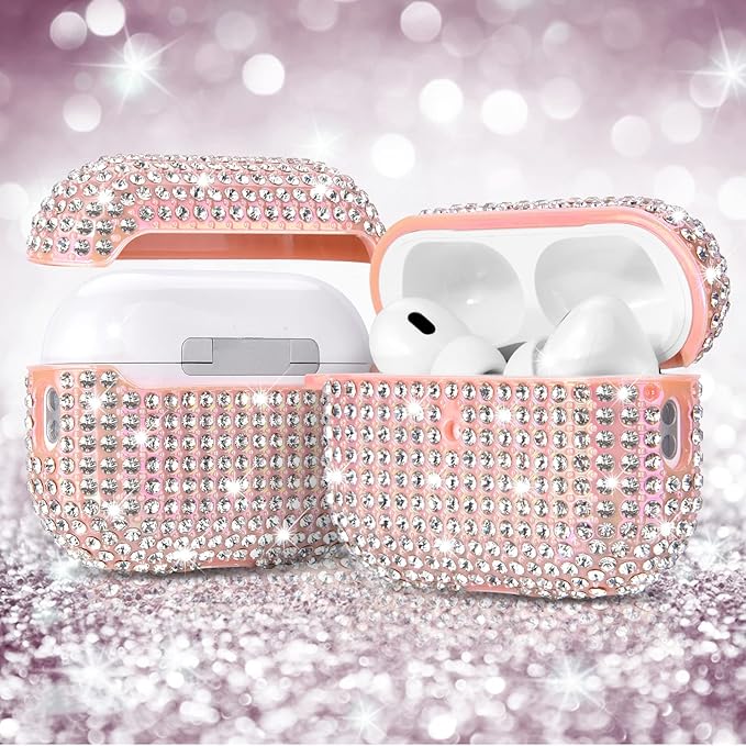 Case for AirPods Pro 2nd Generation, Filoto Cute AirPod Pro 2 Protective Case Cover for Women Girls, Bling Crystal PC Apple Air Pods Pro Cases Accessories with Lobster Clasp Keychain, Pink