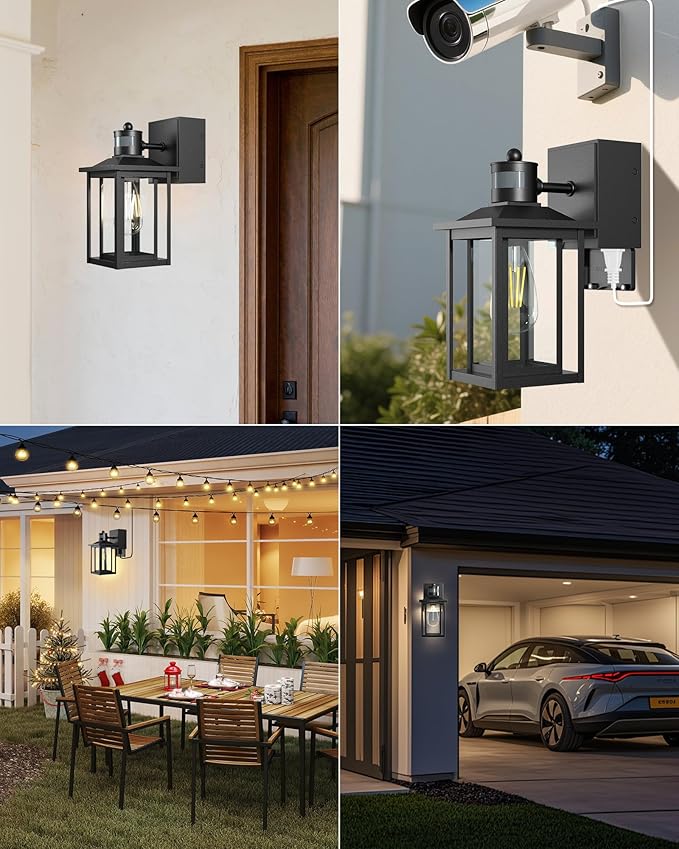 2-Pack Motion Sensor Outdoor Lights with GFCI Outlet Built-in, Exterior Porch Lights Wall Mount with 3 Modes, Anti-Rust Outside Lanterns for Home, Entry, Backyard, Patio, 120V