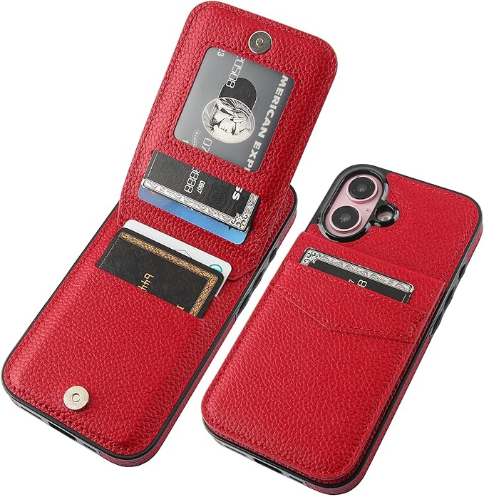 KIHUWEY Compatible with iPhone 16 Case Wallet with Credit Card Holder, Flip Premium Leather Magnetic Clasp Kickstand Heavy Duty Protective Cover for iPhone 16 6.1 Inch (Lichee Red)