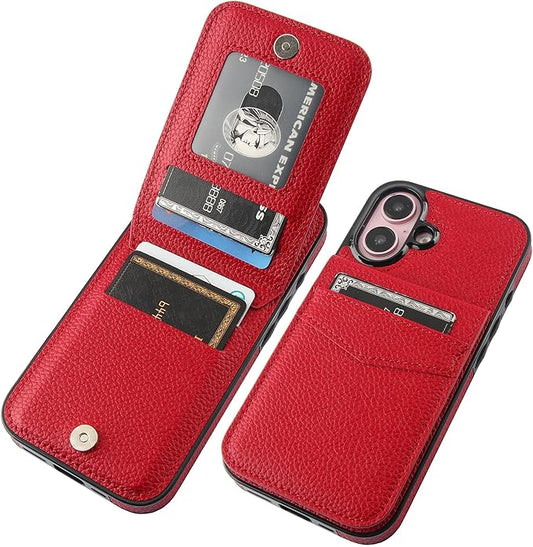 KIHUWEY Compatible with iPhone 16 Case Wallet with Credit Card Holder, Flip Premium Leather Magnetic Clasp Kickstand Heavy Duty Protective Cover for iPhone 16 6.1 Inch (Lichee Red)