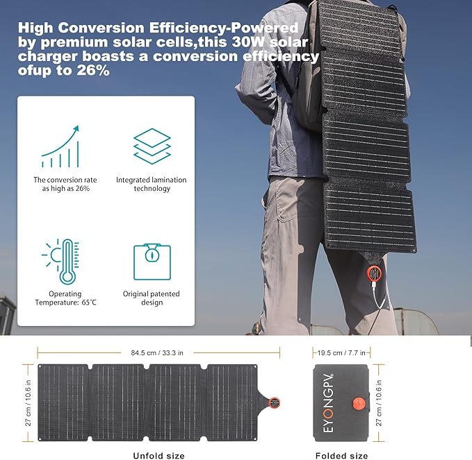 EYONGPV 30W Portable Foldable Solar Panel & Solar Charger with Croc-Eye USB-C PD Fast Charging Output, IP67 Waterproof Compact Solar Charger for Phones, Power Banks, Camping, Hiking, Backpacking