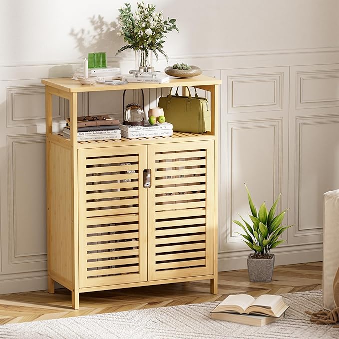 HITNET Bathroom Cabinet Freestanding, Bamboo Storage Cabinet 4-Tier Floor Cupboard with Door and Shelf for Bathroom, Kitchen, Hallway, Natural