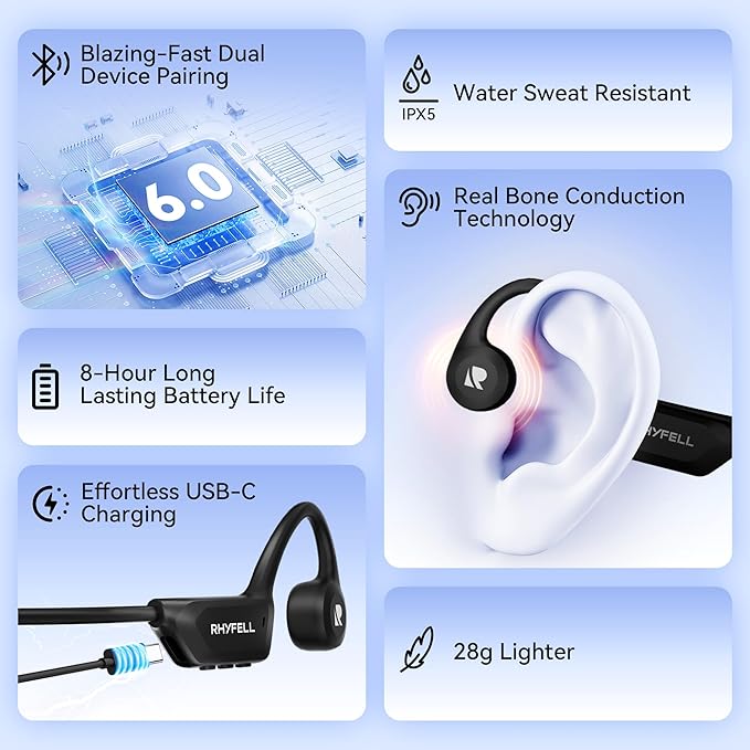 Bone Conduction Headphones, Open-Ear Sports Headphones with Mic, Bluetooth 6.0, 8H Playtime, USB-C Quick Charge, IPX5 Waterproof Sweatproof Earphones for Running, Cycling, Walking