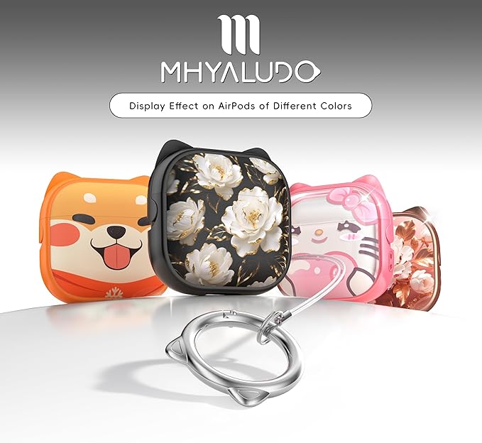for AirPods 4 Case with Cleaning Kit, Cute Cat Ear Print Design & Cute Buckle, Inverted Phone Holder Design, Top Safe Lock Buckle Design, for Girls AirPods 4 case 2024, Black Peony