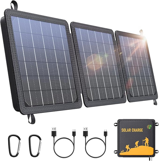 15W Small Portable Solar Panel Chargers (5V/3.0A USB-A/USB-C), IP65 Waterproof Foldable Solar Panel with Large Storage,Backpack Solar with 2 Carabiner for Camping,Hiking, Cell Phone,Tablet