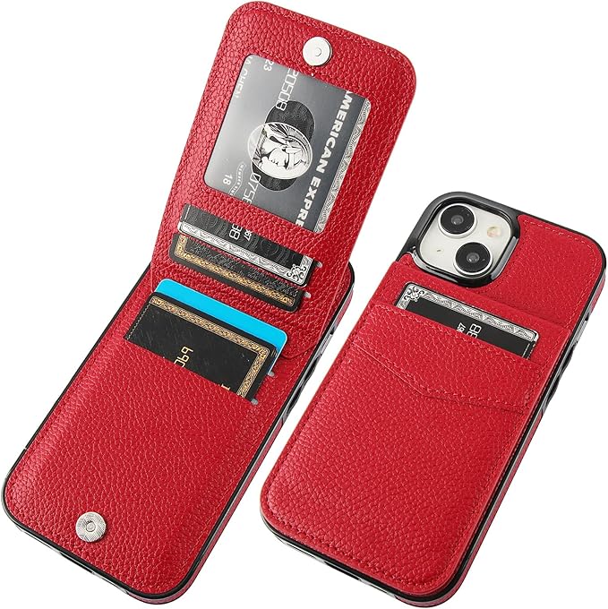 KIHUWEY Compatible with iPhone 15 Case Wallet with Credit Card Holder, Flip Premium Leather Magnetic Clasp Kickstand Heavy Duty Protective Cover for iPhone 15 6.1 Inch (Lichee Red)