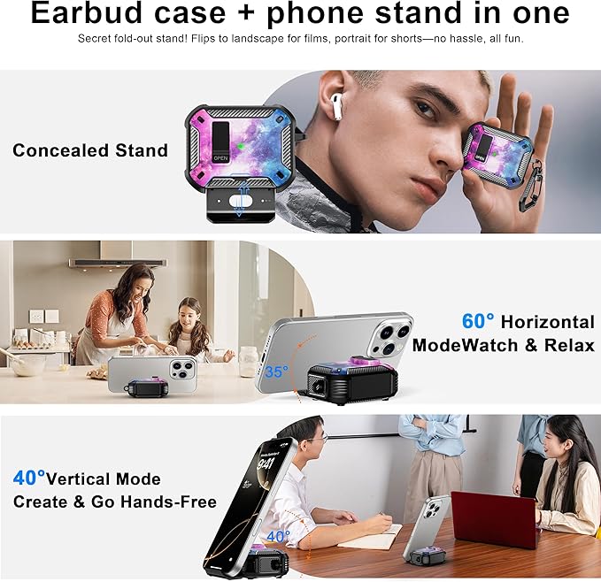 RFUNGUANGO Compatible AirPods Pro 2nd Generation Case with Phone Holder and Compatible Back Magnetic Suction Function, Suitable for AirPods Pro 2 Case, Black+Starry Sky