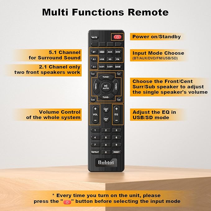 Bobtot Home Theater Systems with 5.25 inch Subwoofer, 5.1 Wired Satellite Surround Sound Speakers, 600 Watts Peak Power Deep Bass Audio Stereo System with FM Radio Bluetooth AUX DVD USB SD Input