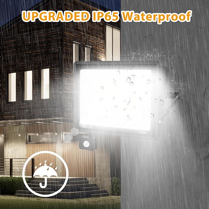 2 Pack 200W LED Motion Sensor Flood Light, Super Bright IP66 Waterproof Outdoor 23000 lumens 5000K Daylight Dusk to Dawn Security Light for Front Porch, Barn