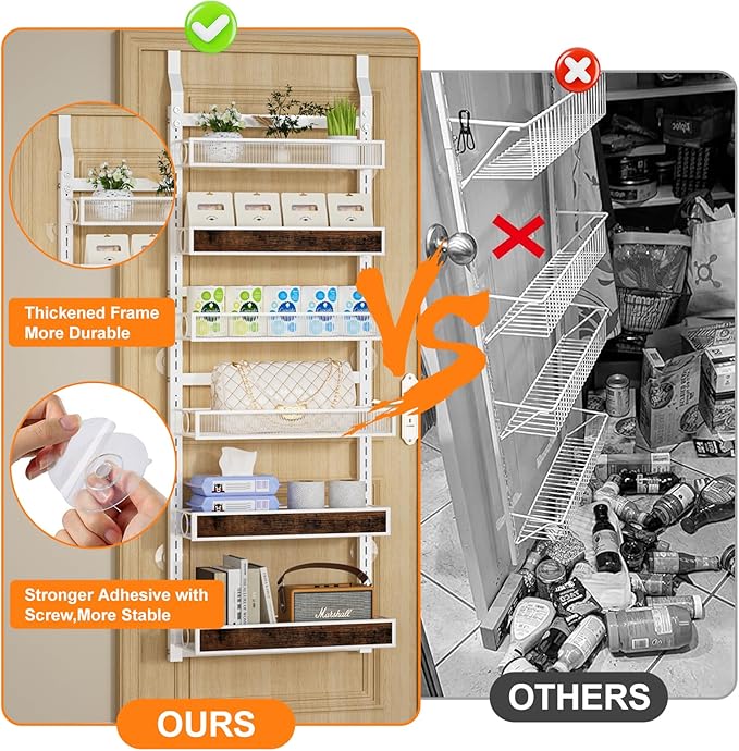6 Tier Over the Door Pantry Organizer 2 IN 1 Hanging or Wall Mounted Spice Rack with Adjustable Basket,Heavy Duty Seasonning Storage Shelf for Kitchen Pantry and Bathroom