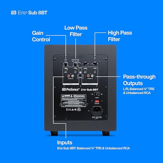 PreSonus Eris Sub 8BT — 8" Inch Powered Subwoofer, Powered Sub, Active Subwoofer, Wireless, Bluetooth, Home Audio, Bass Speaker, Home Theater, Music Production, Gaming