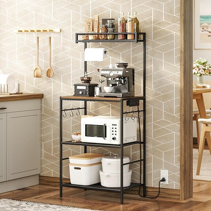 Bakers Rack with Storage, Microwave Stand with Paper Holder, Bakers Rack with Power Outlet, Coffee Bar Station with 6 Hooks, for Kitchen, Dining Room, Rustic Brown and Black BRHR36E01