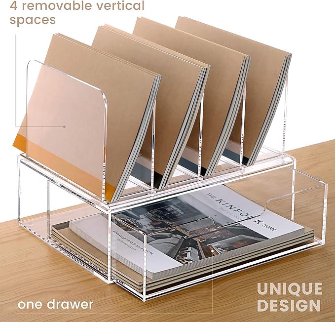 DINGHUO Acrylic Desk Organizer, 4 Sections Upright Sorter Desk Accessories Paper File Organizer with Drawer Letter Tray, Clear Office Supplies - 1 Pack