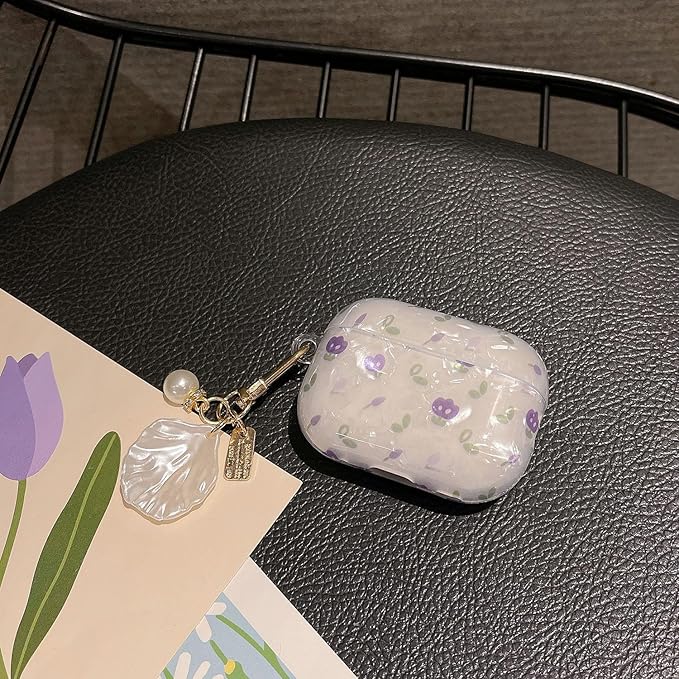 Cute Airpod Pro 2 Case Flower with Shell Pearl Keychain Floral Marble Hard TPU Protective Cover Compatible with AirPods Pro 2nd Generation Case for Girls Women (Tulip Purple)