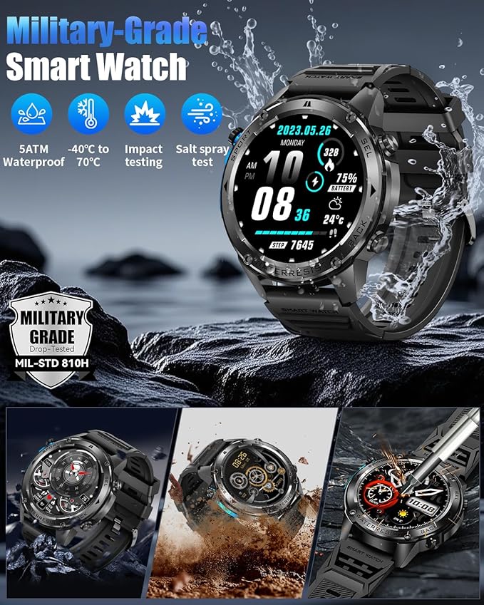 Military Smart Watch for Men with GPS, 5ATM Waterproof, 700mAh Long Battery, 1.43'' AMOLED Display, Health & Sleep Tracking, Bluetooth Calling, Compatible with Android/iPhone