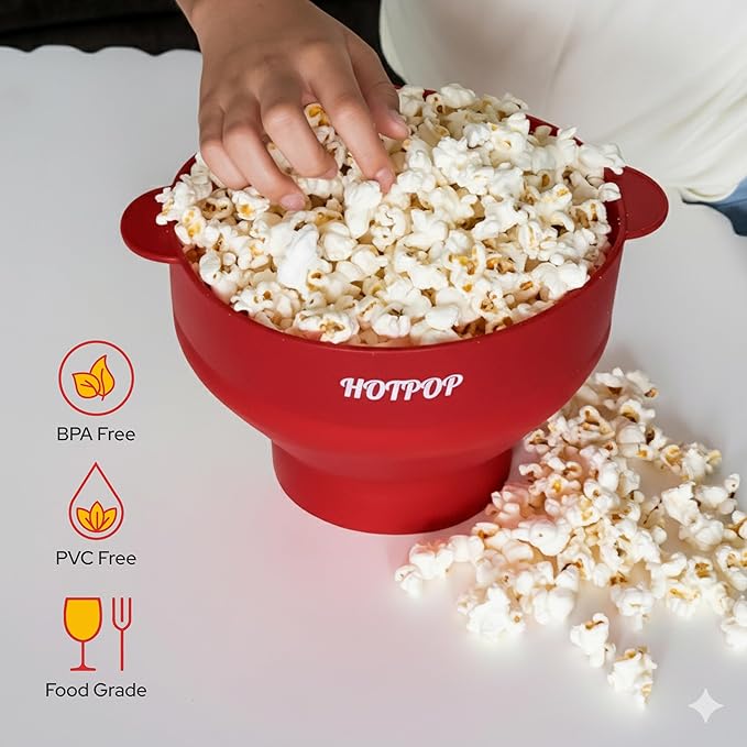 The Original HotPop Silicone Popcorn Maker - Microwave Popcorn Popper - Collapsible Bowl, Heat-Resistant, Easy to Clean, Ideal for Family Movie Nights, 15-Cup Capacity - Cherry