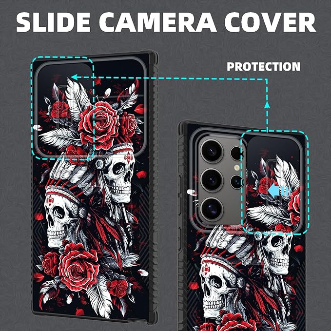 for Galaxy S24 Ultra Case Built in Slide Camera Lens Cover,Heavy Duty Shockproof Protection Dual Layer Case for Samsung Galaxy S24 Ultra 6.8" 2024,Skull Art with Feathers and Roses