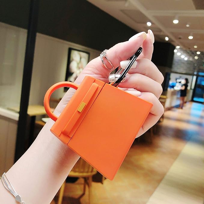 Case for AirPods 1/2, Girls Creative Fashion Mini Handbag Purse Case, Stylish Soft Silicone Wireless Earphone Protection Charging Cover for AirPods 1/2 +Hook -Orange