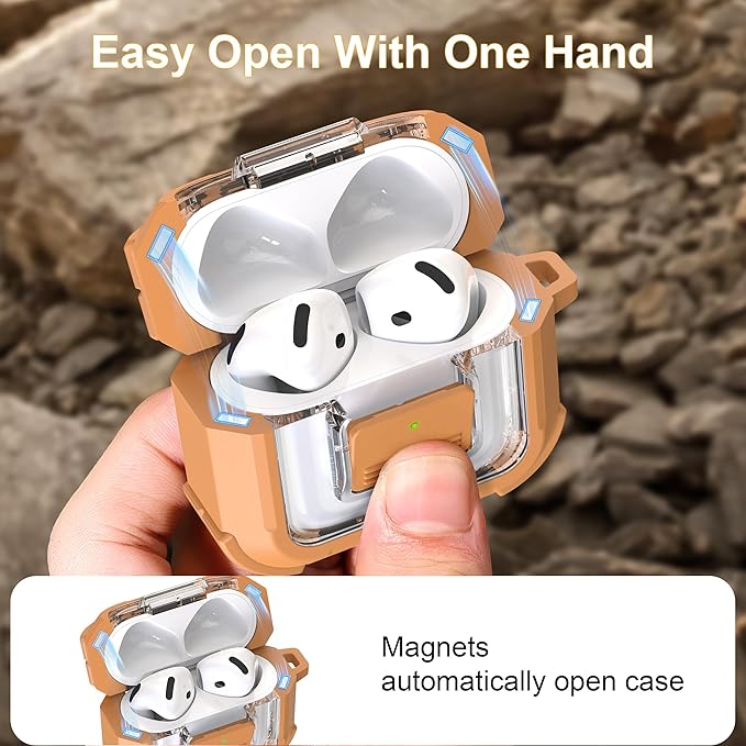 RFUNGUANGO for AirPods 4 Case, Compatible with AirPods 4th Generation Case (2024), Compatible with MagSafe, Magnetic Automatic Lock with Cleaner Kit and Keychain, Front LED Visible, Brown