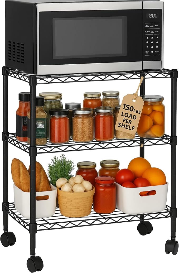 3 Tier Wire Shelving Unit Storage Rack, Metal Heavy Duty Utility Organizers, Organization Units for Metal Shelves, Pantry, Garage, Laundry Racks Durable Shelf Stand, 14"W x 24"L x 30"H, Black