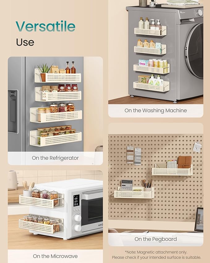 SONGMICS Magnetic Spice Rack for Refrigerator, Set of 4, 2 Large and 2 Small Kichen Magnetic Shelves for Microwave, Washing Machine, Spice Organizers, No Drilling Needed, Cream White UKCS061W01