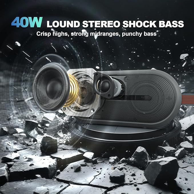 SOWO Portable Bluetooth Speaker with Powerful Bass - Wireless Speaker with Partyboom Technology - 40W, IP67 Waterproof - Stereo Sound for Outdoor, Camping and Travel Use - Grey