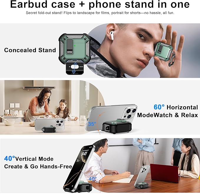 RFUNGUANGO Compatible AirPods 4th Generation Protective Case with Phone Holder and Compatible Back Magnetic Suction Function, Suitable for AirPods 4th Case-Green