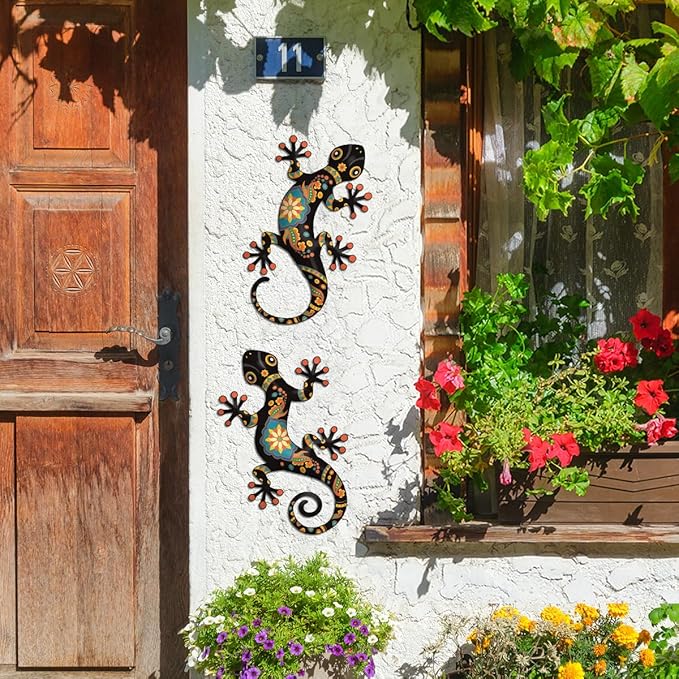 Metal Gecko Outdoor Decor -2 Pack 11.8 inch Metal Lizard Wall Hanging Sculpture Decoration for Indoor or Outdoor, Garden Yard Fence Porch Wall Decorations (Black)