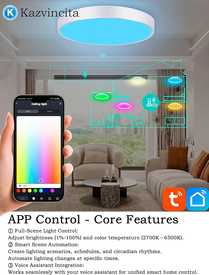 WF-Version LED Ceiling Light with Speaker 40W 13Inch Control via app/Voice/Remote Adjustable Brightness & Color Temperature Ceiling Lamp RGB Ambient Lighting for Bedroom Kids Room and More