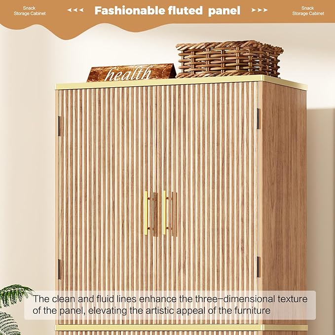 Fluted Pantry Cabinet, 71" Tall Modern Storage Cabinet with 4 Doors, Organizer, Drawer and 8 Door Shelves, Wood Cupboard for Kitchen, Dining Room, Living Room and Bathroom, Natural Oak