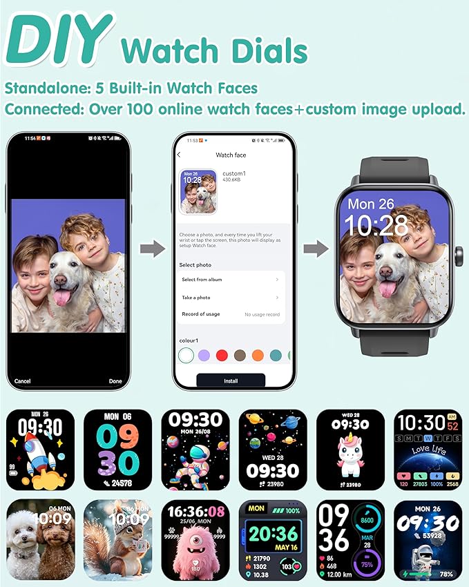 Kids Smart Watch, Kids Watch No Phone Needed Heart Rate & Sleep Tracker, Stress & SpO2 Monitor, 1.8" Fitness Tracker Step Counter, Alarm Clock, Games, Swimming Watch for Boys Girls Teens Aged 5+