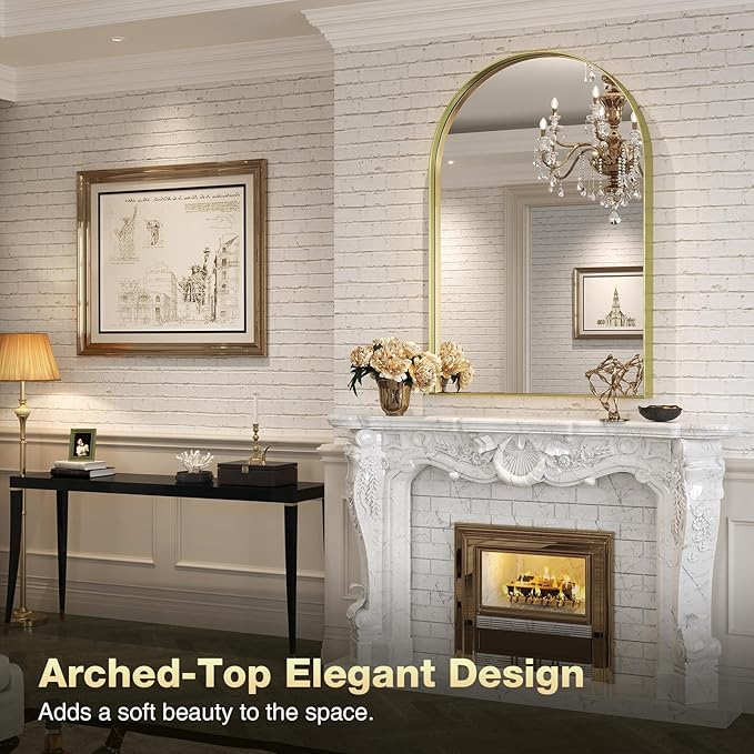 Brightify Arched Mirror, 30 x 40 Inch Gold Arch Mirror, Metal Frame Wall Mirror, Top Bathroom Vanity Mirror for Living Room Bedroom Mantle