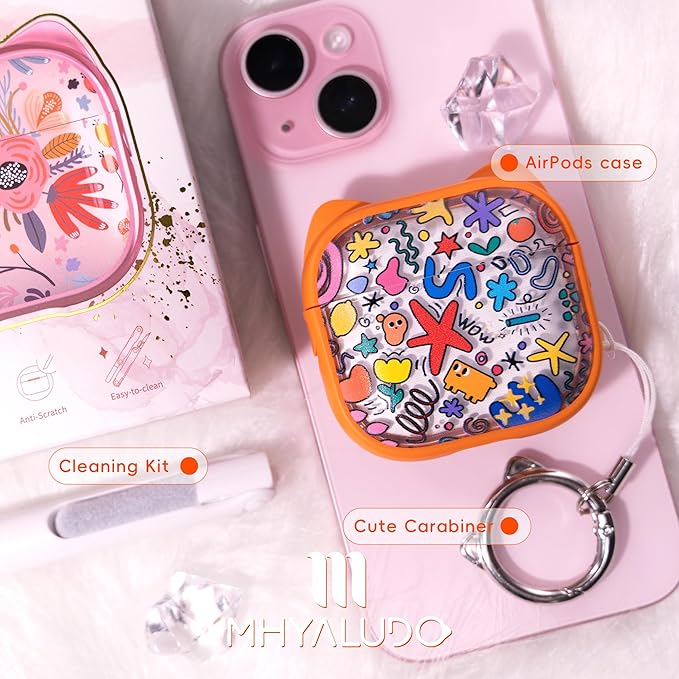 for AirPods 4 Case with Cleaning Kit, Cute Cat Ear Print Design & Cute Buckle, Inverted Phone Holder Design, Top Safe Lock Buckle Design, for Girls AirPods 4 case 2024, Orange Seaworld