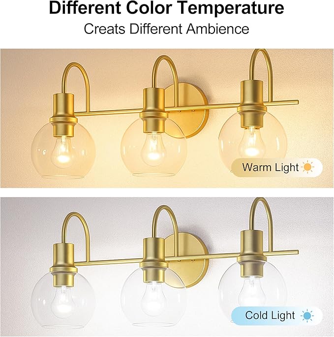 Bathroom Light Fixtures,Gold Vanity Light 3 Light Wall Sconces, Brushed Brass Lighting with Clear Glass Shades, Wall Mounted Mirror Lights for Kitchen, Bedroom, Hallway