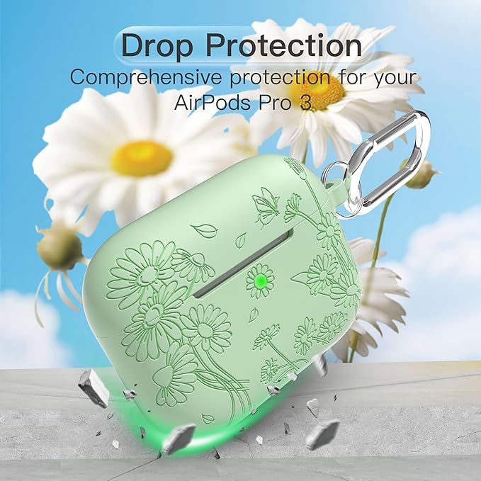 for AirPods Pro 3 Case (2025) DamonLight Daisy Floral Engraved Shockproof Protective Soft Silicone Case Cover with Cleaning Pen and Keychain for Apple Airpods Pro 3rd Generation(Avocado Green)