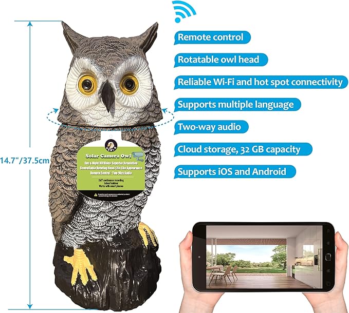 Indoor Camera Owl, Home Security Camera Owl with Rotatable Head, Night Vision, 2-Way Audio, Works with Phone, Decoration for Home