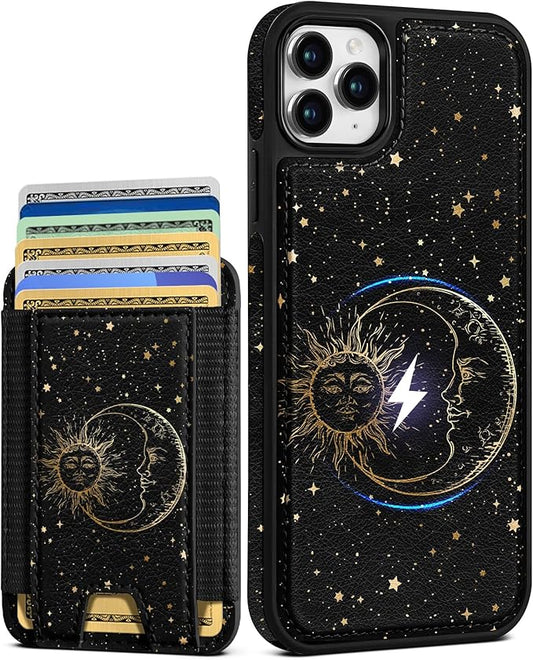 Shorogyt for iPhone 11 Pro Case Wallet - Fits 5 Cards, Compatible with Magsafe Detachable Magnetic Credit Card Holder Leather Cardholder Cute Phone Cover Women Girls for Apple 11Pro, Sun Moon