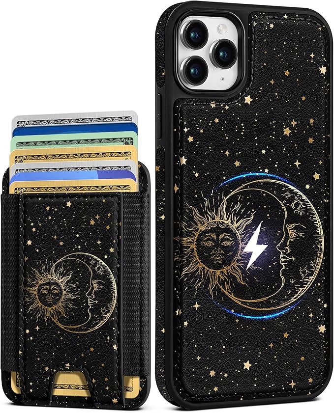 Shorogyt for iPhone 11 Pro Max Wallet Case - Fits 5 Cards, Compatible with Magsafe Detachable Magnetic Credit Card Holder Leather Cardholder Cute Phone Cover Women Girls for Apple 11 ProMax, Sun Moon