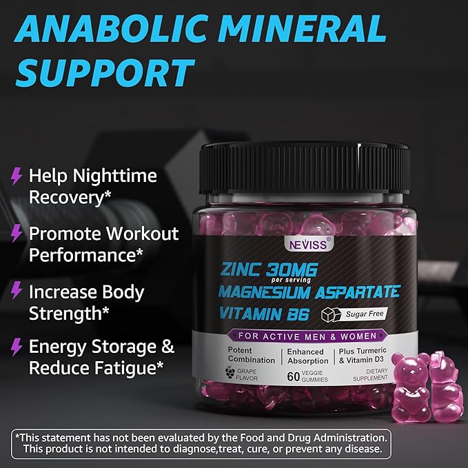 Zinc and Magnesium Supplement, Zinc Magnesium Aspartate Post Workout Gummies for Men Women, with Vitamin B6, B12, D3, Turmeric for Nighttime Recovery, Reduce Fatigue, Boost Immunity & Sleep, 120 Count